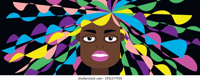 Vector graphics-banner portrait of a cute dark-skinned female supermodel close-up with flowing long multicolored hair on a black background. Concept - health and hair care in a beauty salon