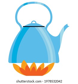 Vector graphics-blue metal kettle boiling on gas with a flame of fire isolated
