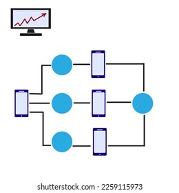 Vector graphics.Business diagram. On a white background in the corner of a computer monitor. Several mobile phones are combined in a communication scheme.