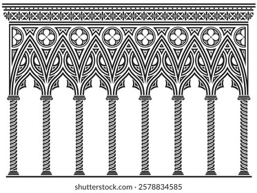 Vector graphics.Classic cabinet wall made of gothic paneling. Contour coloring of classical elements