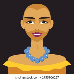 Vector graphics-close-up portrait of a beautiful bald smiling man with blue beads and a yellow dress on a dark background isolated.