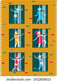 Vector graphics-cute girls in bright clothes actively dance in the windows of a brick three-story house. Concept - stay at home