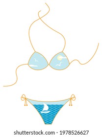 Vector graphics-fashionable split bikini swimsuit with print - seascape and white sailboat isolated. Concept - summer vacation at the resort