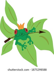 Vektorgrafik-Frosch-Prinzessin aus russischen Märchen, mit einer Krone auf dem Kopf und einem Pfeil auf den Zähnen