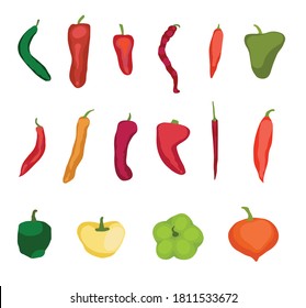 Vector graphics.Hand drawn.Isolated on a white background.Comic and doodle style chili peppers.Illustration for flyer,poster,wallpaper,web,invitation,greeting card,menu.Set of different types peppers.