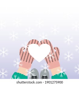 Vector graphics-hands in pink knitted mittens hold a snowball in the shape of a heart on the background of falling beautiful snowflakes flatley with copy space. Valentine's Day Concept Card