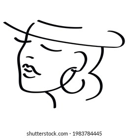 Dibujo vectorial-lineal retrato de una bella joven en un sombrero de fondo blanco aislado. Belleza conceptual y moda