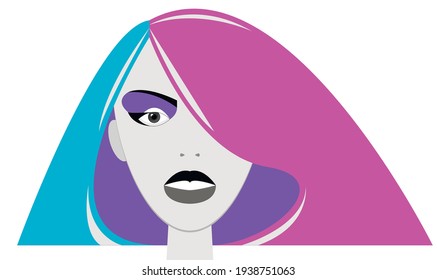 Vector graphics-portrait of a beautiful young woman with makeup and colorful hair close-up isolated. Concept-beauty and care