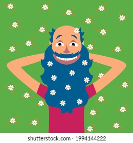Vector graphics-portrait of a cute smiling happy man with white flowers in his beard on a background of green grass. Concept-summer