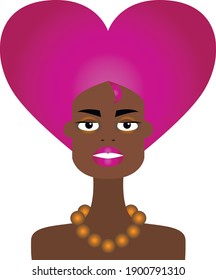 Vector graphics-portrait of a dark-skinned cute top model with an avant-garde pink heart-shaped hairstyle and bright makeup isolated. The concept of Valentine's day