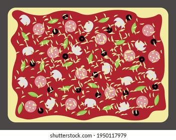 Vector graphics-Rectangular mouthwatering Detroit style pizza with tomato sauce, sausage, mushrooms, olives and cheese sprinkled close-up isolated