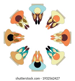 Vista superior vectorial-esquemática de ocho personas de diferentes grupos étnicos sentadas en sillas en un círculo aislado. Concepto de psicoterapia y salud mental