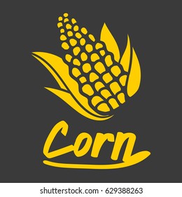 Vector graphics,seamless background with vegetables: silhouette corn with inscription. Vegetarian natural fresh food, color image. Recipes, healthy food. Print, poster, illustration