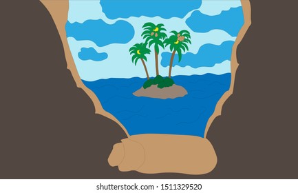 vector graphics-torn Wallpaper behind them a wild island with palm trees on which bananas and coconuts grow
