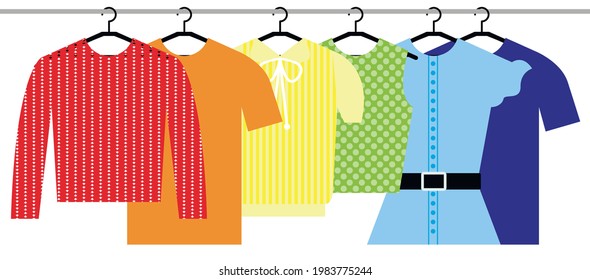 Vector graphics-women's clothing of rainbow colors hanging on hangers in a row isolated close-up in a wardrobe on a rod