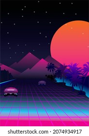 vector graphin scenery and car retro style vaporwave purple
