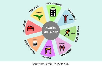 vector grapich illustration of multiple intelligences  howard gardner theory. multiple intelligences include verbal linguistic, logic-mathemathic, bodily kinesthetic, musical, visual spatial, etc