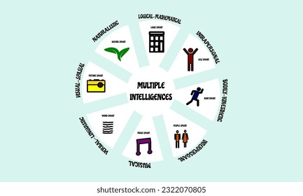 vector grapich illustration of multiple intelligences  howard gardner theory. multiple intelligences include verbal linguistic, logic-mathemathic, bodily kinesthetic, musical, visual spatial, etc