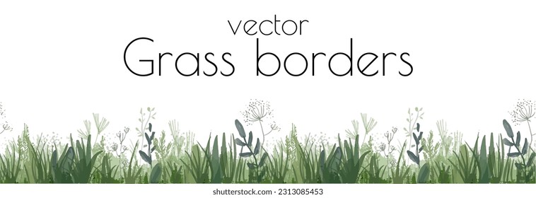 Vector Grass Border Hand Drawn Illustration, Watercolor Web Banner Boho Design        