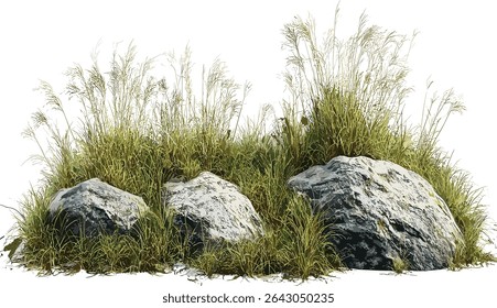 Vector grass field, rocks, savanna landscape, nature clipart, wild grass, prairie background, landscape design, outdoor setting, natural sceneries