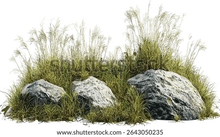 Vector grass field, rocks, savanna landscape, nature clipart, wild grass, prairie background, landscape design, outdoor setting, natural sceneries