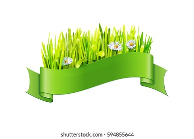 Vector grass and flowers in green ribbon isolated on a white background. Element for celebration design.