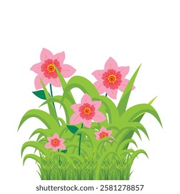 vector grass, flowers, stones on white background