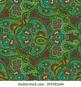 Vector grass green seamless bright color boho paisley texture for cards, fabric and design