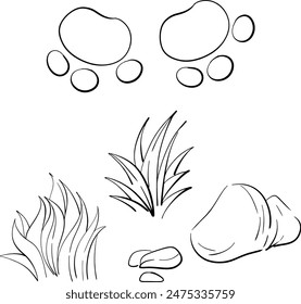 Vector grass, rocks, dinosaur tracks. Jurassic set, clip art. Illustration for design, compositions. Black silhouette for circuit