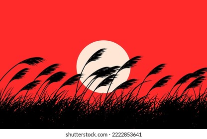 Vector grass silhouette on red sky sunset nature background