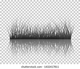 Vector grass silhouettes background with reflection in water. All objects are separated.