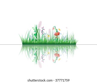 Vector grass silhouettes background with reflection in water. All objects are separated.