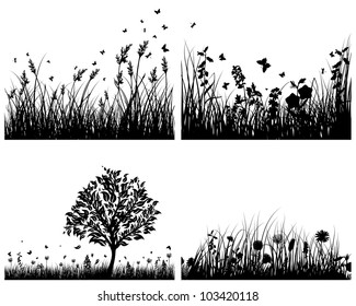 Vector grass silhouettes background set. All objects are separated.