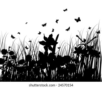 Vector grass silhouettes backgrounds with butterflies