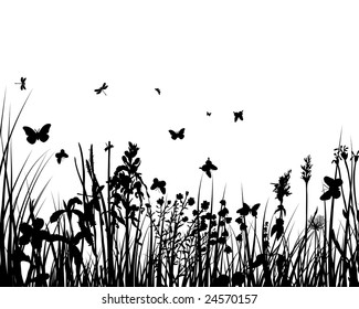 Vector grass silhouettes backgrounds with butterflies