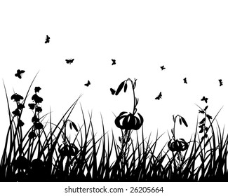 Vector grass silhouettes backgrounds with insects