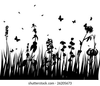 Vector grass silhouettes backgrounds with insects