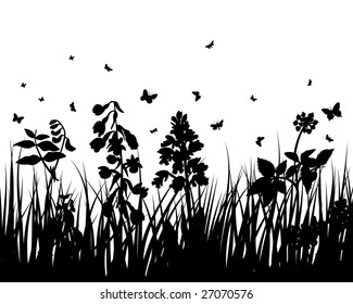 Vector grass silhouettes backgrounds with insects