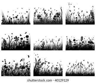 Vector grass silhouettes backgrounds set. All objects are separated.