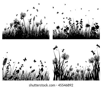 Vector grass silhouettes backgrounds set. All objects are separated.