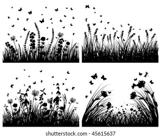 Vector grass silhouettes backgrounds set. All objects are separated.