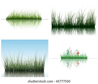 Vector grass silhouettes backgrounds set with reflection in water. All objects are separated.