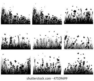 Vector grass silhouettes backgrounds set. All objects are separated.