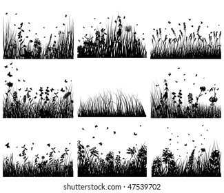 Vector grass silhouettes backgrounds set. All objects are separated.