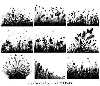 Vector grass silhouettes backgrounds set. All objects are separated.