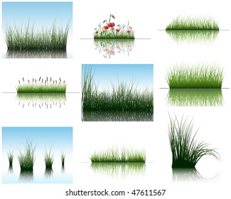 Vector grass silhouettes backgrounds set with reflection in water. All objects are separated.
