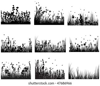Vector grass silhouettes backgrounds set. All objects are separated.