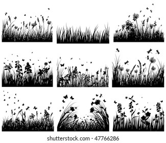 Vector grass silhouettes backgrounds set. All objects are separated.