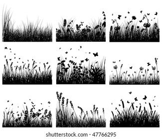 Vector grass silhouettes backgrounds set. All objects are separated.