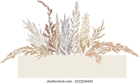 Vector grass silhouettes frame rectangle border pastel colors on white background, can be used for scrapbooking or design, mask added